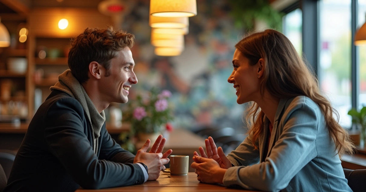 Duas pessoas sentadas frente a frente em uma mesa, conversando atentamente, com semblantes acolhedores.