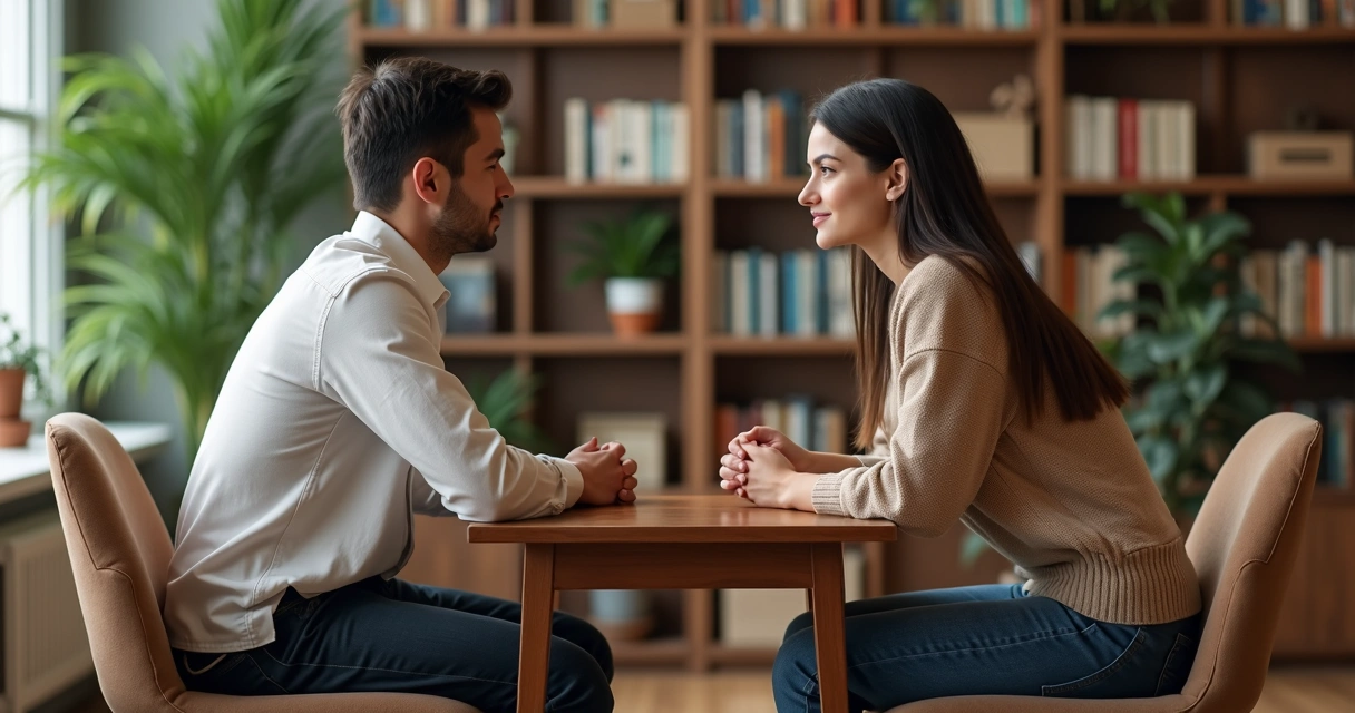 Duas pessoas sentadas frente a frente conversando calmamente em ambiente claro