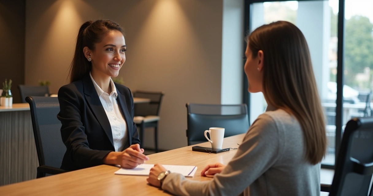 Atendente e cliente conversando com expressão amigável e atenta em ambiente de atendimento civilizado 