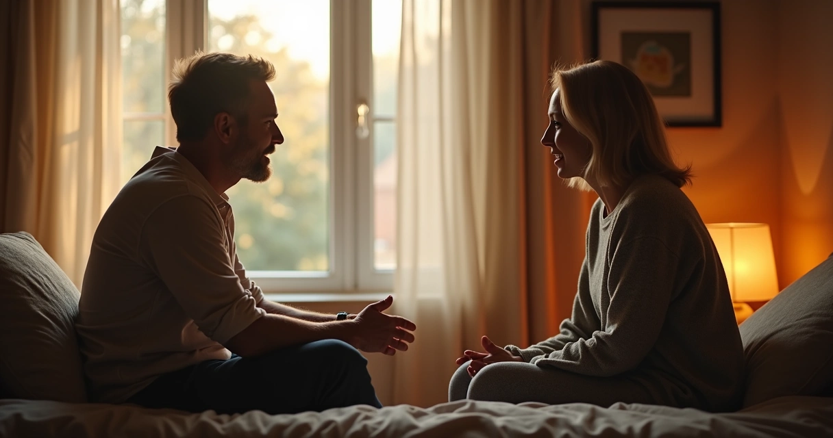Duas pessoas conversando de forma calma e atenta em ambiente acolhedor 