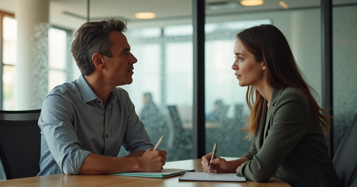 Dos colegas conversando con atención en un espacio de oficina tranquilo