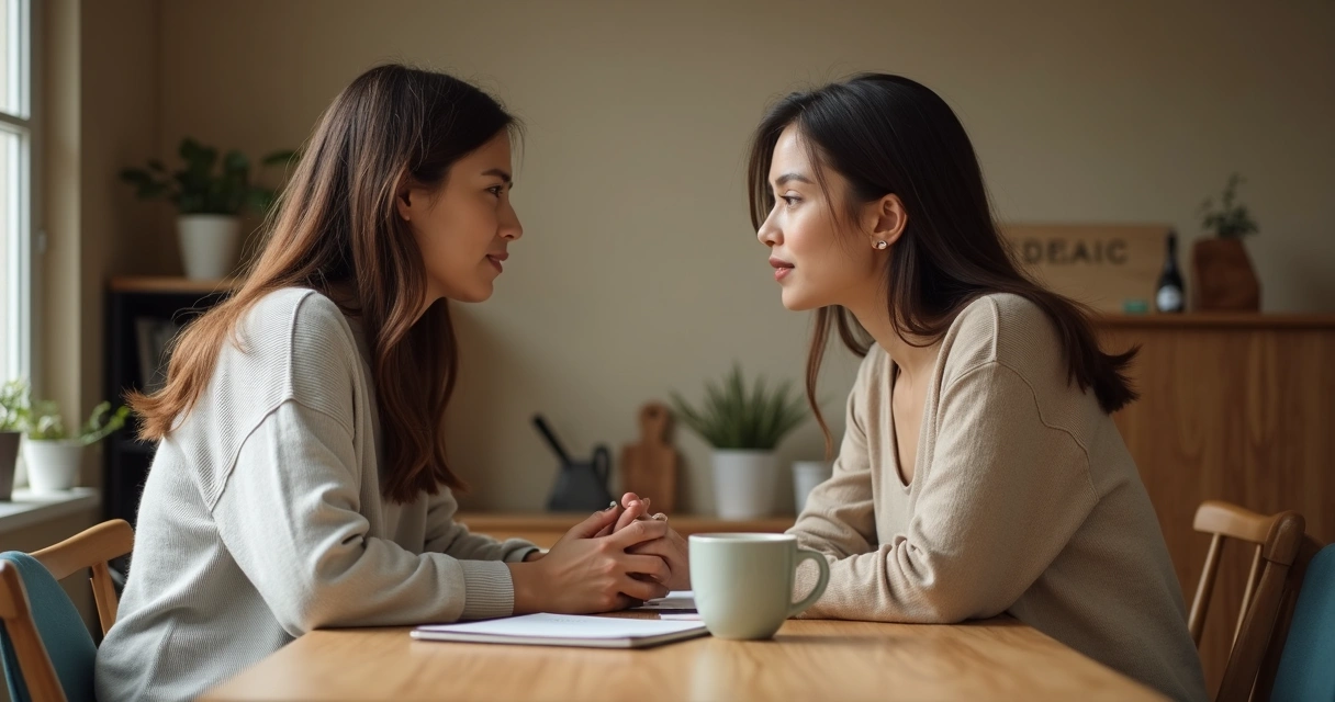 Pareja conversando con escucha atenta en una mesa 