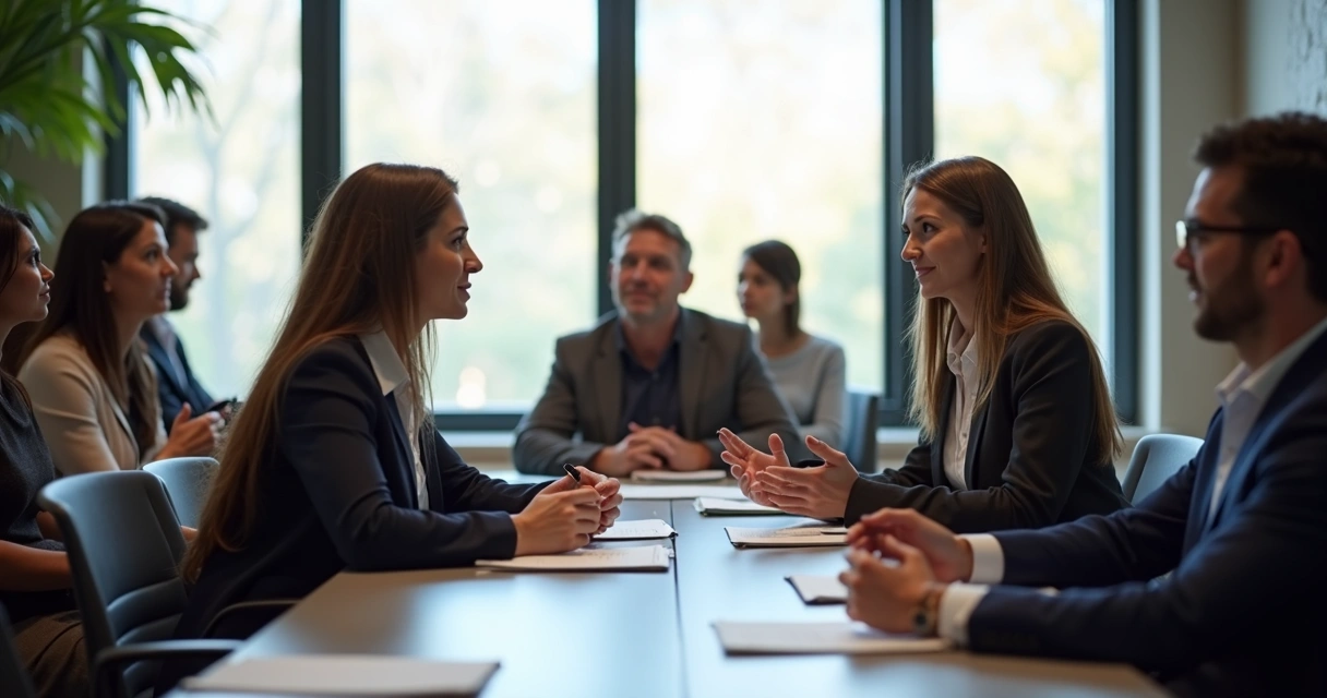 Duas pessoas sentadas em uma mesa de reunião, trocando olhares atentos, enquanto outras ao redor observam com interesse 