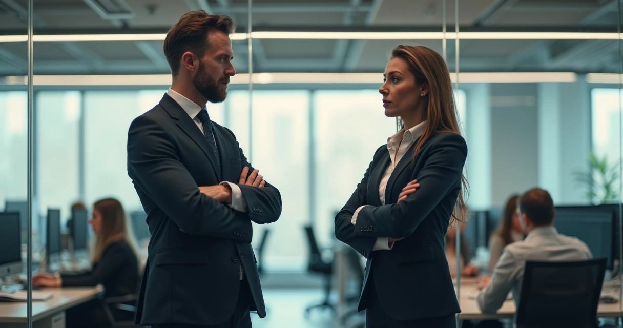 Dois colegas de trabalho conversando em sala de vidro, clima tenso, escritório ao fundo 