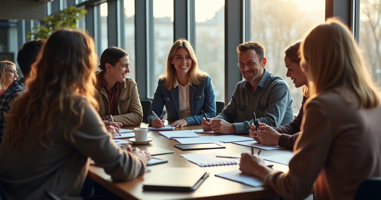 Personas sentadas en círculo en una sala de reuniones dialogando y tomando notas, mostrando diversidad de edades y estilos 