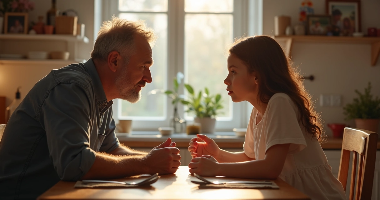 Pai e filha conversando na mesa de jantar com atenção e empatia