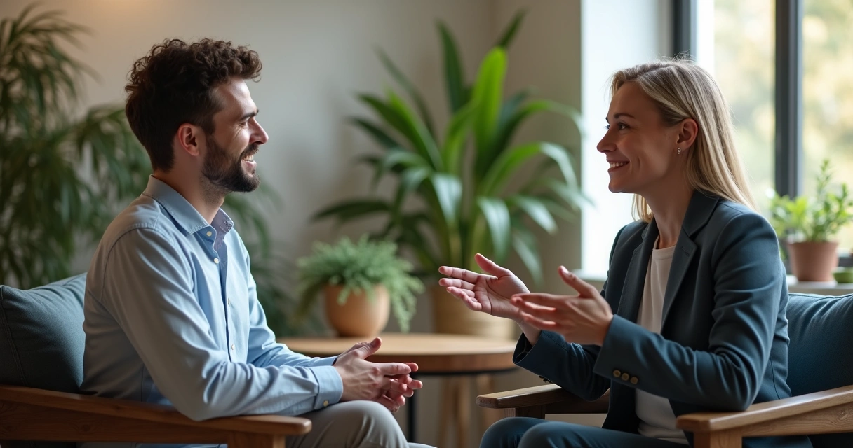 Dois colegas de trabalho conversando em ambiente calmo. 
