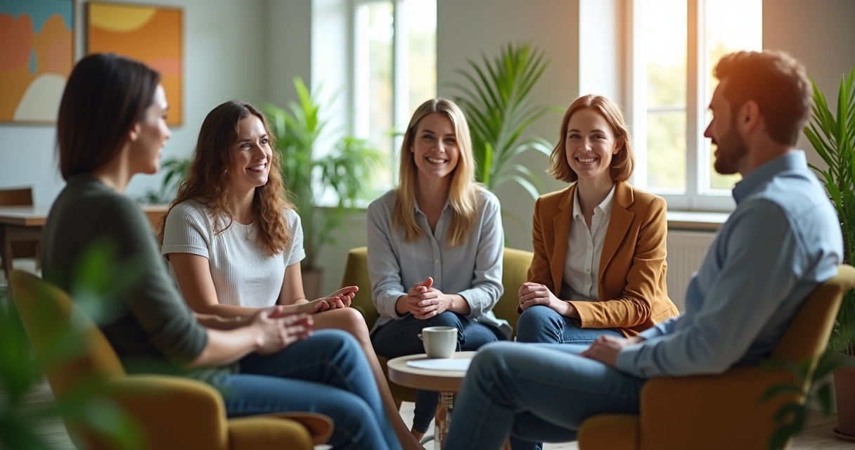 Colaboradores conversando e sorrindo em roda de diálogo no escritório 