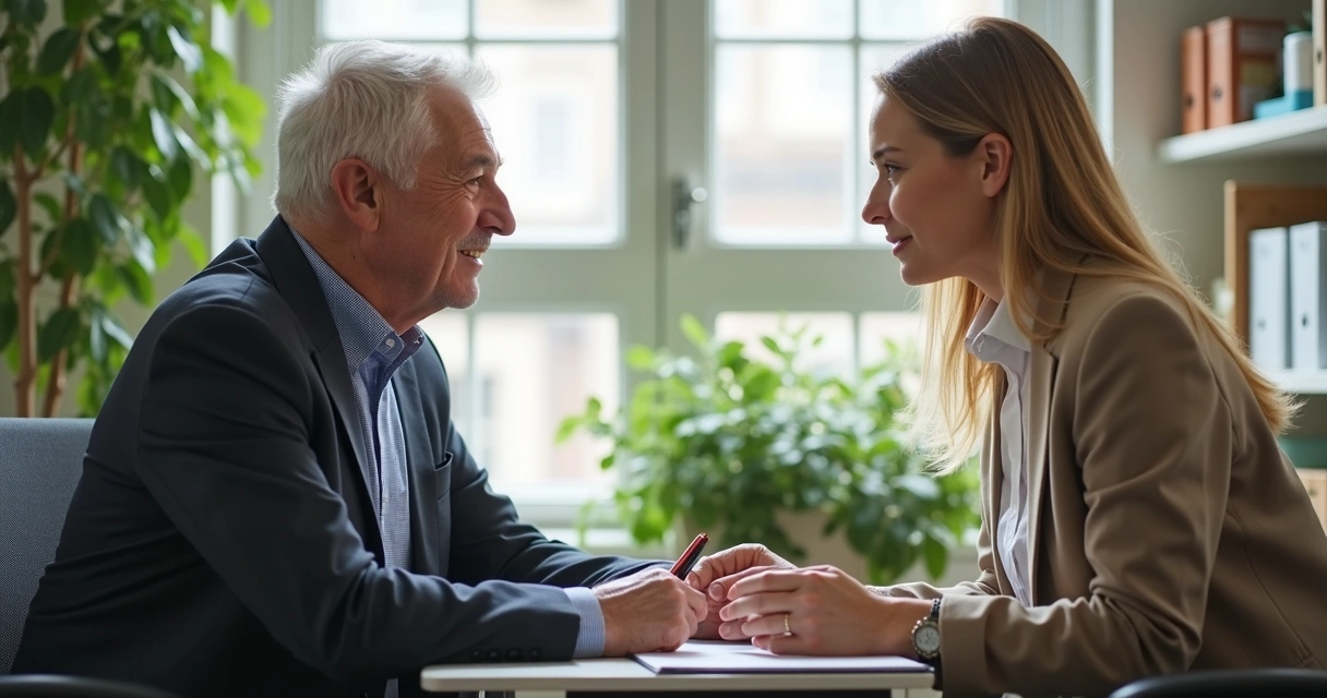 Dos personas de diferentes edades conversando con respeto