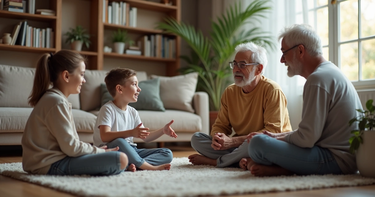 Grupo de diferentes gerações conversando em círculo em uma sala aconchegante 