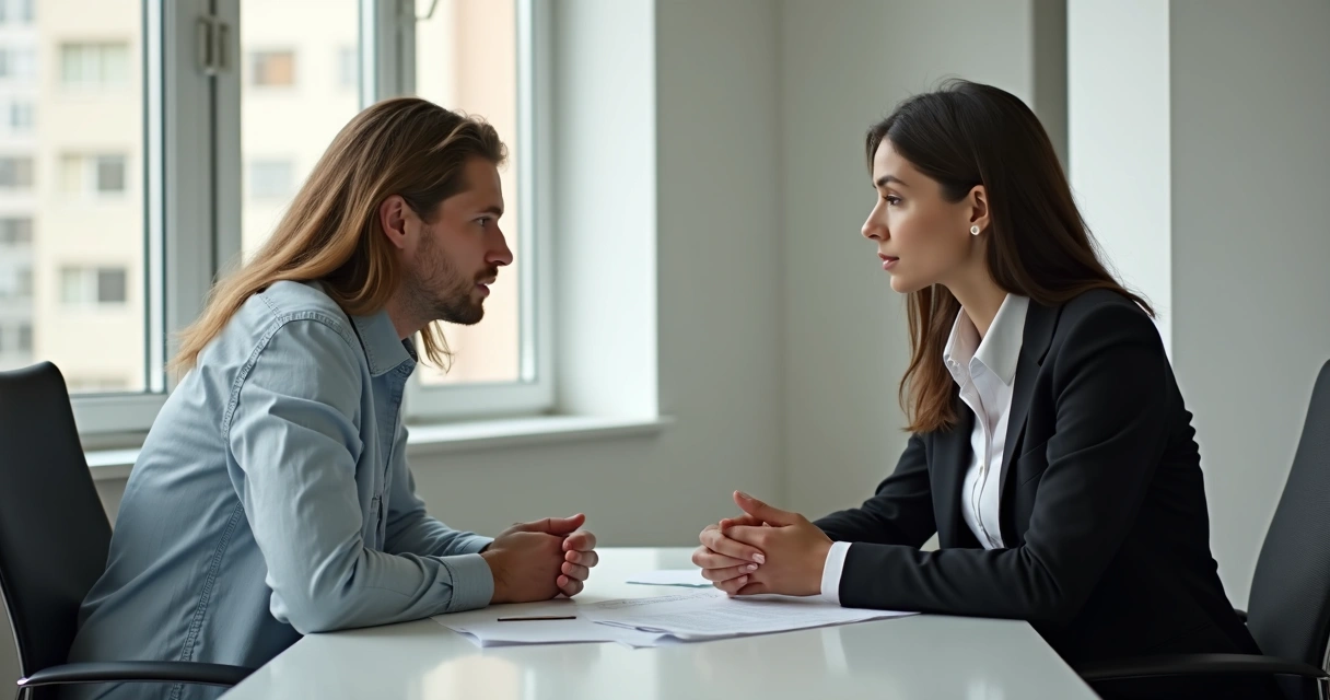 Duas pessoas conversando sentadas em uma sala de reuniões minimalista, com expressão séria e ambiente neutro e claro 