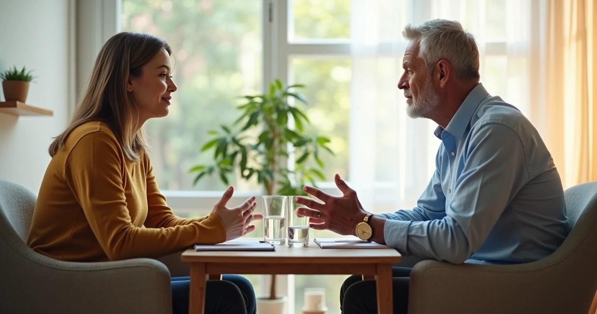 Duas pessoas conversando com calma em ambiente claro e acolhedor 