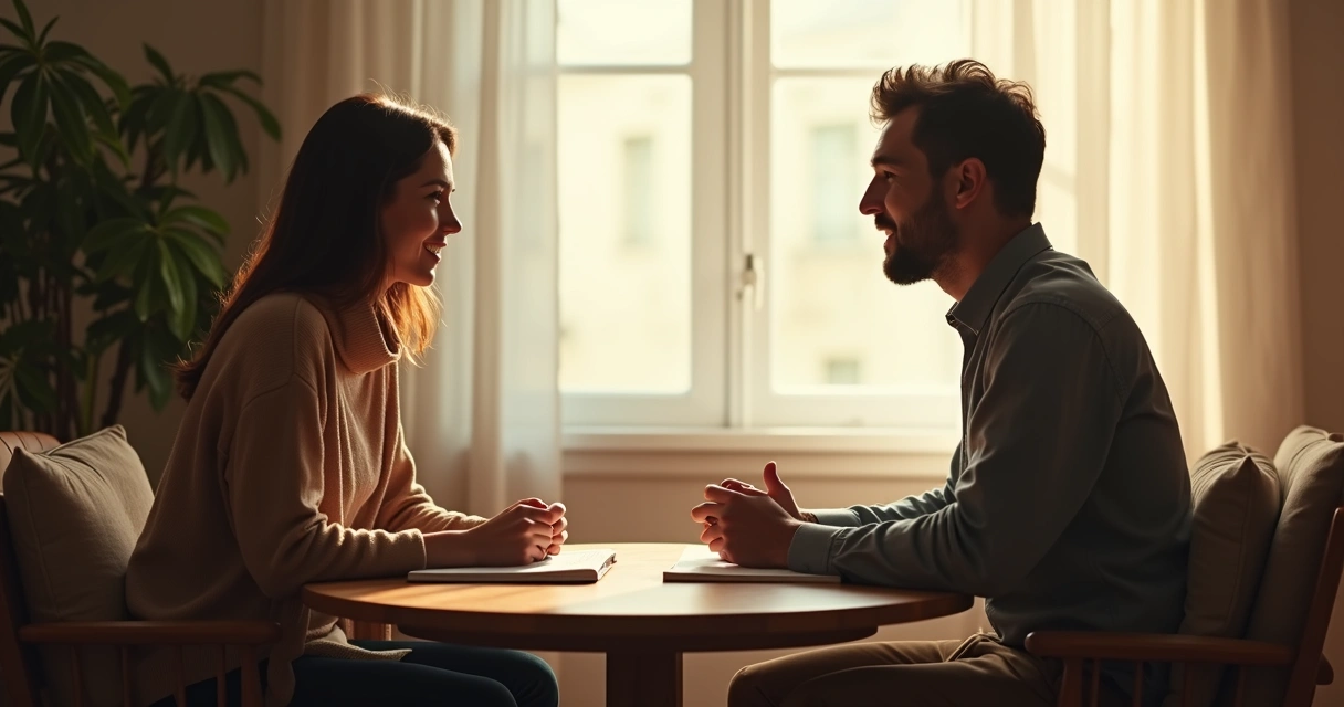 Duas pessoas em uma conversa calma e respeitosa em um ambiente interno tranquilo