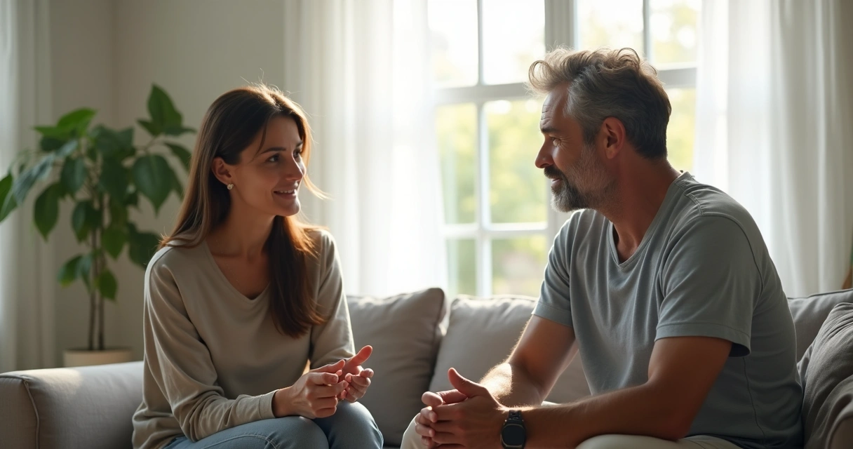 Dois adultos em conversa serena em sala iluminada, expressando respeito mútuo