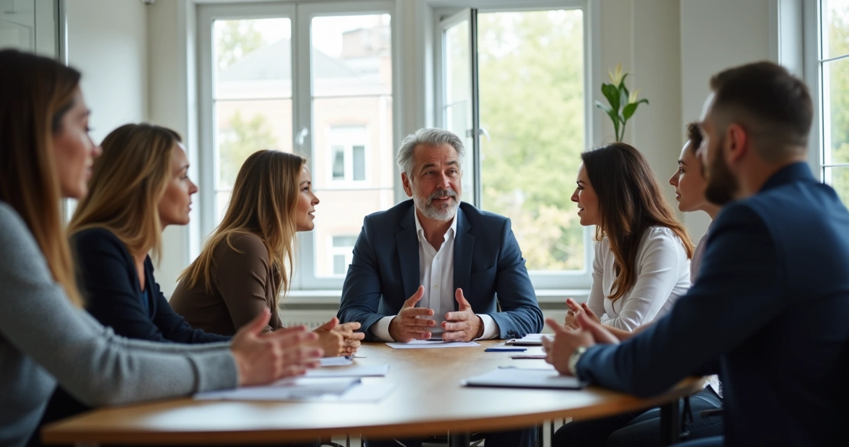 Equipe reunida em sala de reunião, líder falando de forma aberta, rostos atentos, ambiente acolhedor e colaborativo 