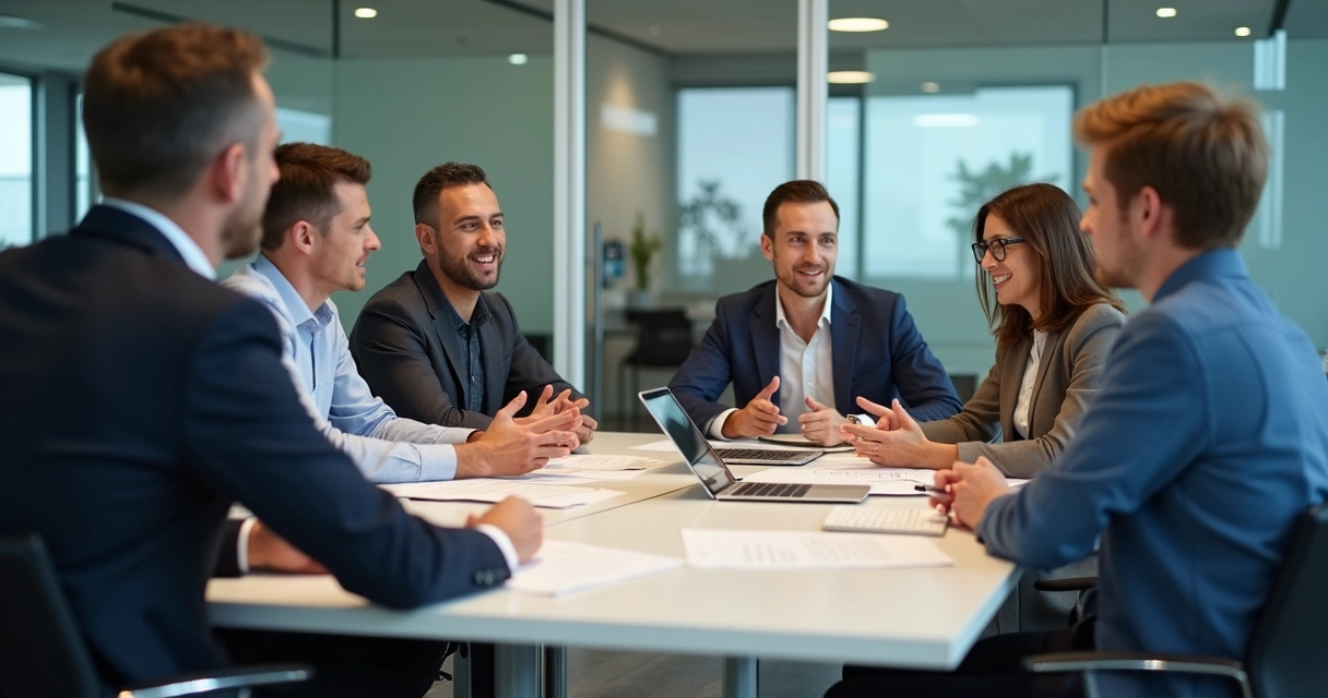 Equipe reunida discutindo de forma construtiva