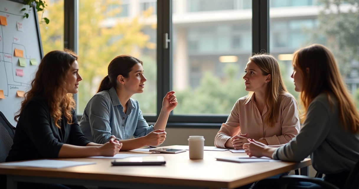 Colegas de equipe conversando em um espaço aberto de escritório 
