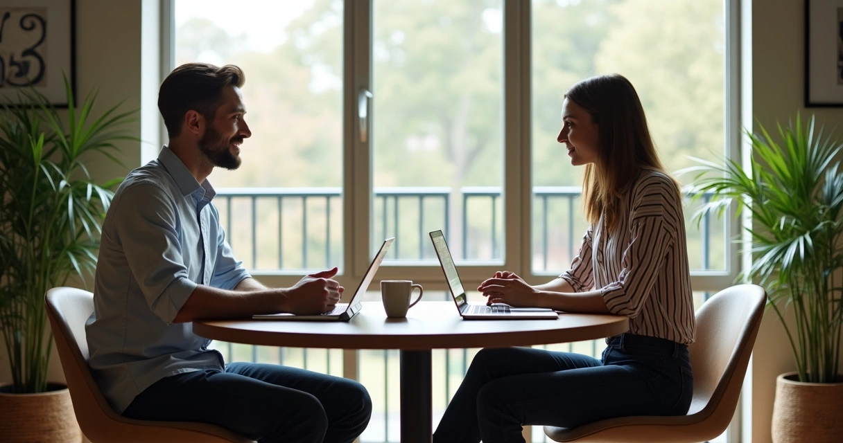 Dois colegas conversando em um espaço de trabalho moderno 