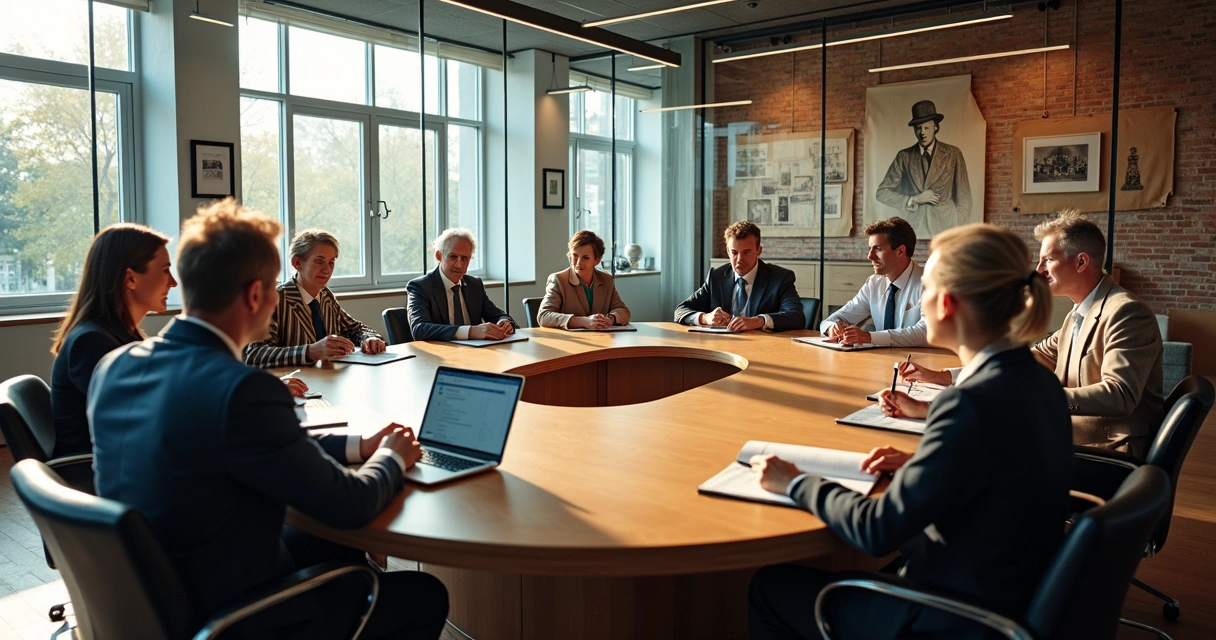 Equipo de personas dialogando en una oficina con elementos modernos y detalles históricos en el entorno 