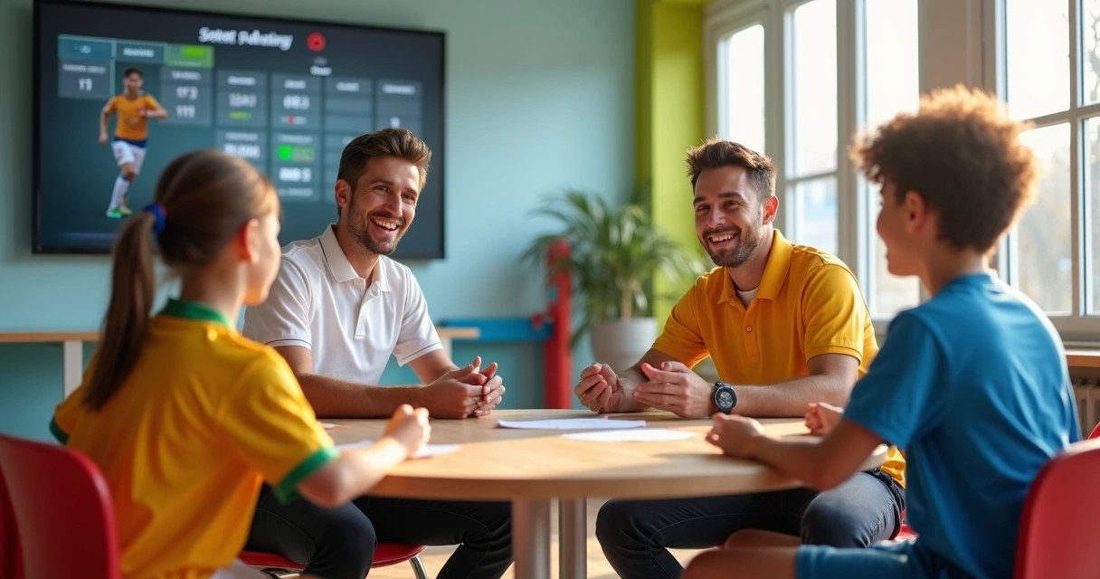 Conversa de treinador com pais em ambiente esportivo