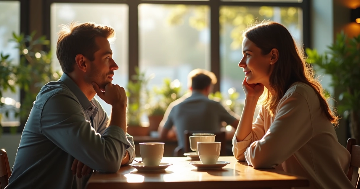 Dos personas conversando en una mesa atentos a sus emociones 