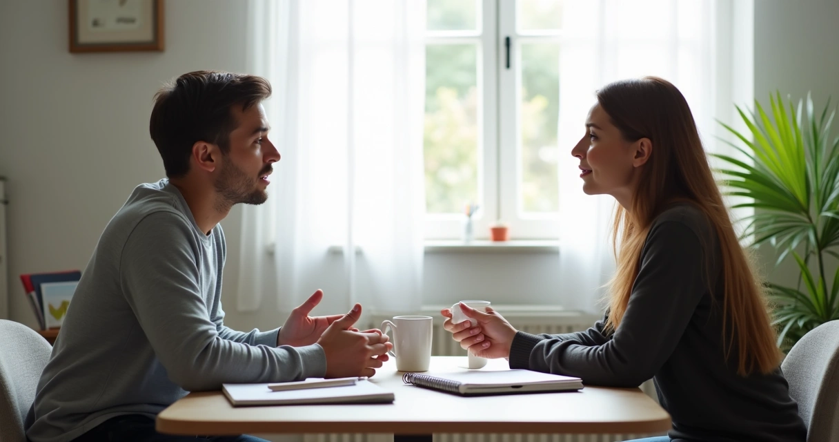 Duas pessoas conversando enquanto uma ouve atentamente com expressão de empatia