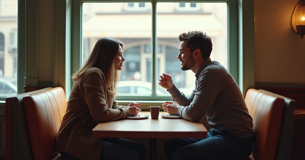 Dois amigos conversando frente a frente, um escuta atentamente o outro
