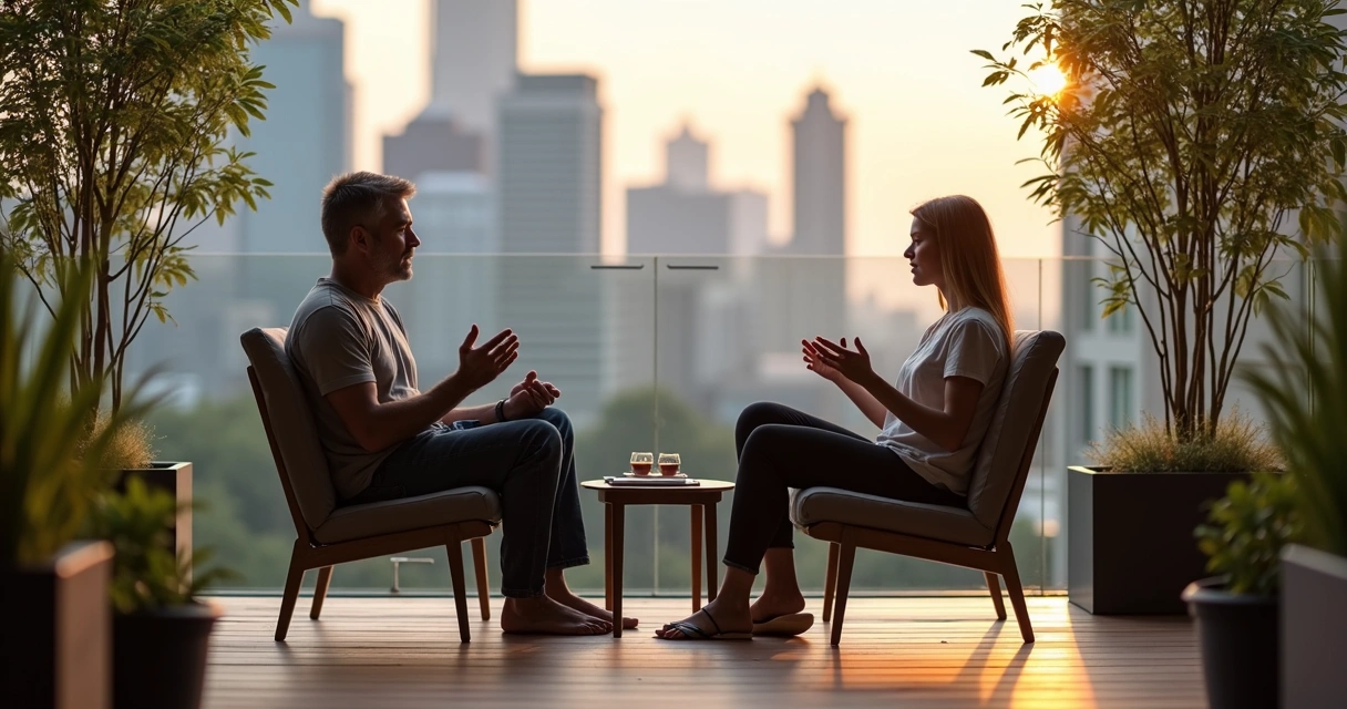 Duas pessoas conversando em um deque urbano cercado de cidade ao fundo 