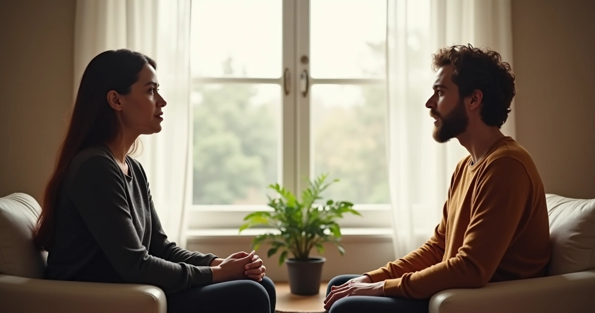 Duas pessoas conversando com atenção em ambiente tranquilo