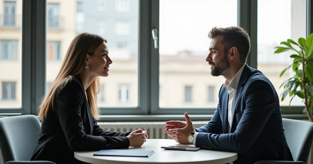 Duas pessoas sentadas frente a frente em mesa de escritório, conversando com expressão serena. 