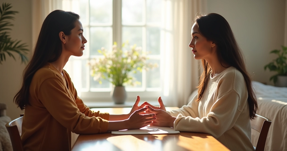 Duas pessoas conversando de frente em uma mesa, com feições serenas e expressão de escuta mútua, enquanto luz suave entra pela janela ao fundo.