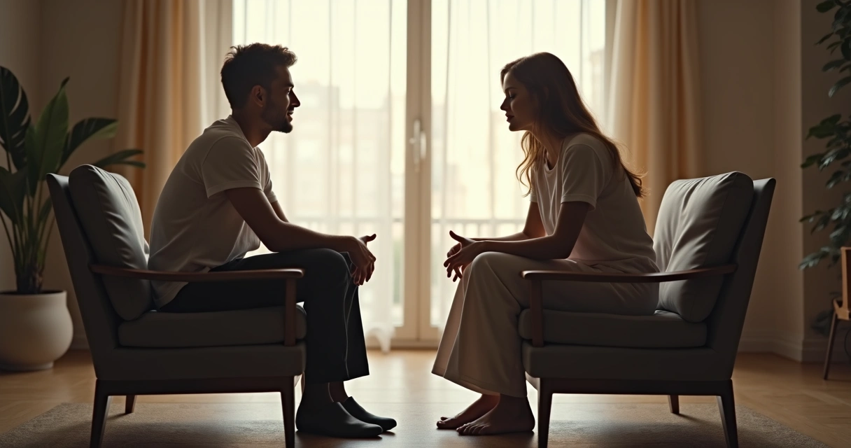 Dos personas sentadas frente a frente conversando de forma abierta en una sala iluminada, con gestos de escucha y respeto mutuo.