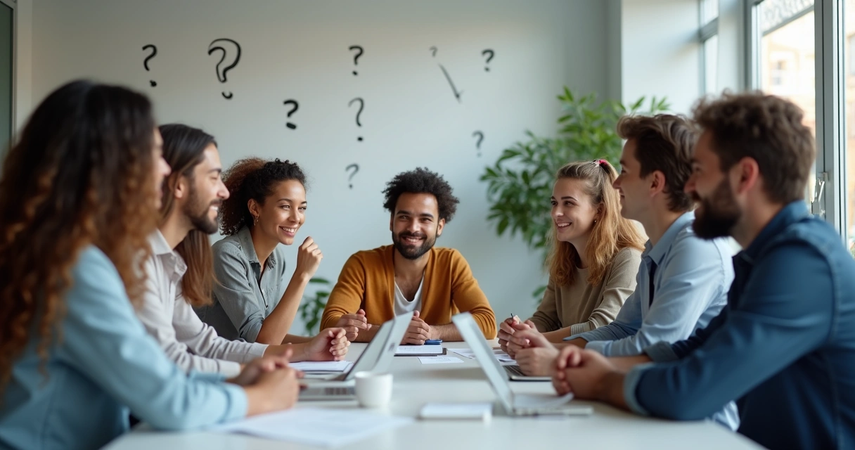 Grupo de pessoas conversando sobre dilemas éticos em ambiente de trabalho. 