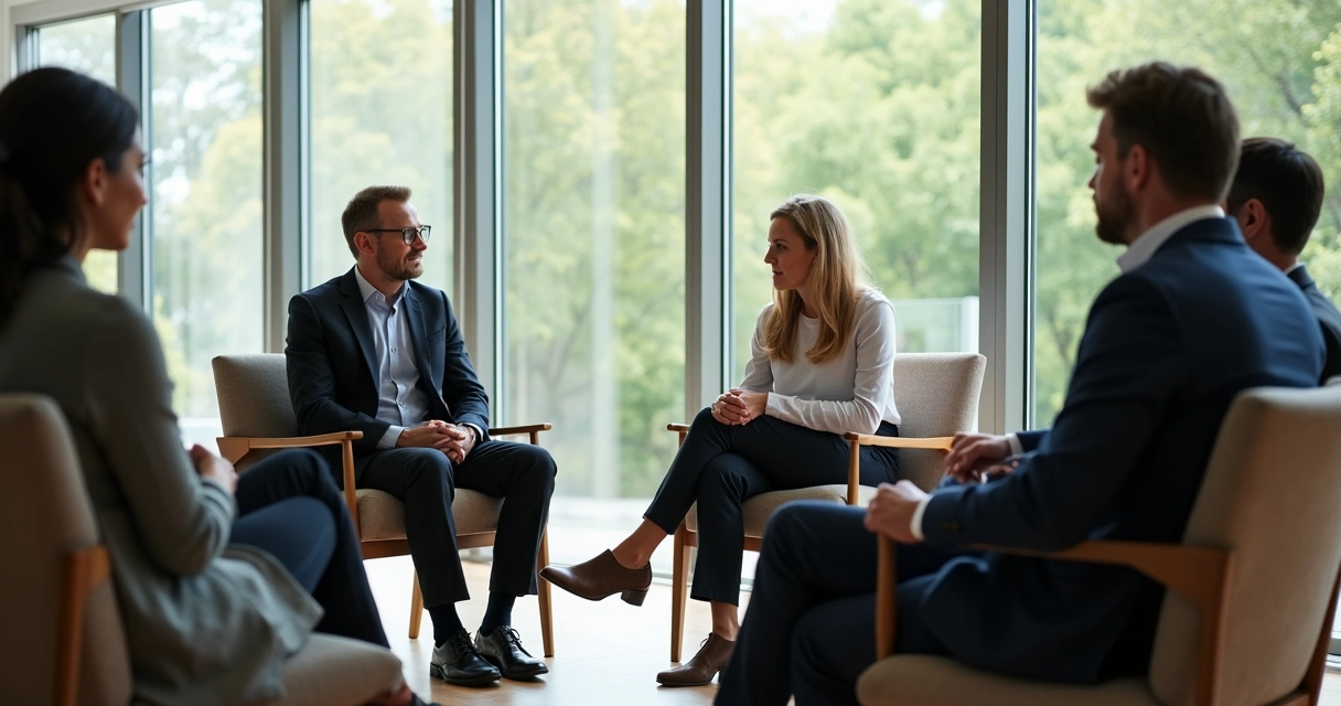 Personas conversando sentadas en círculo en una sala iluminada 