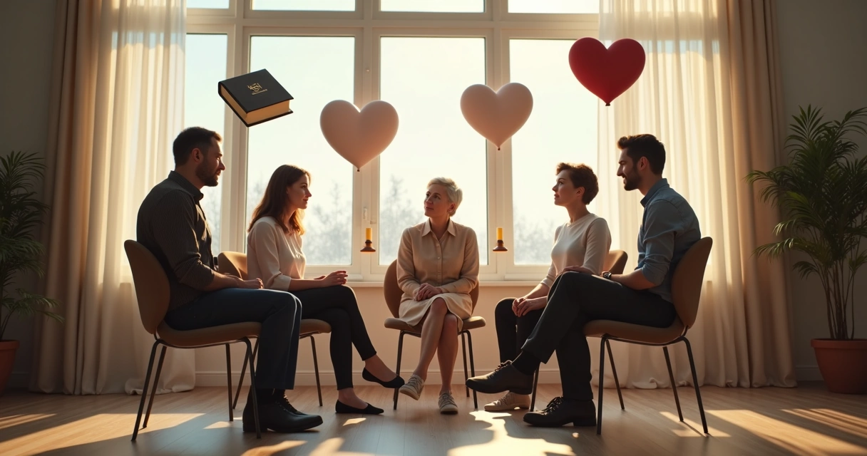 Grupo de personas dialogando en círculo en medio de símbolos de ley y ética 