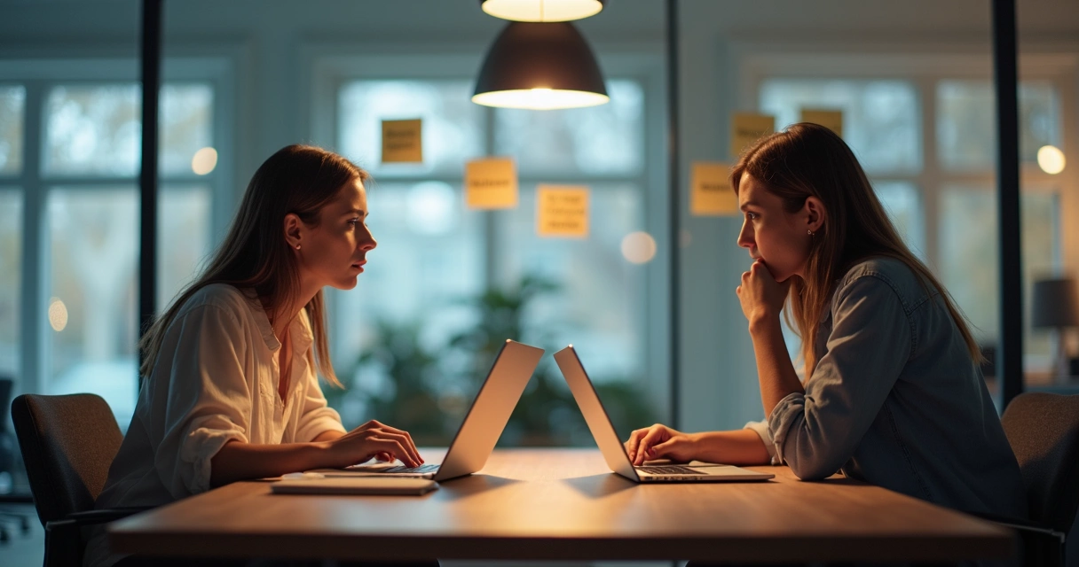 Dos personas sentadas en una mesa de trabajo, diálogo colaborativo sobre ética 