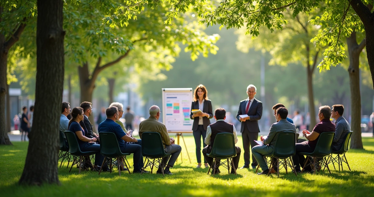 Representantes institucionales y ciudadanos dialogando en un parque urbano, sentados en círculo. 