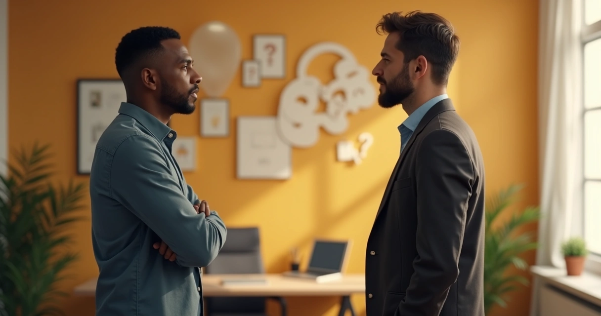 Dos personas conversando de pie en una oficina, con expresiones reflexivas 