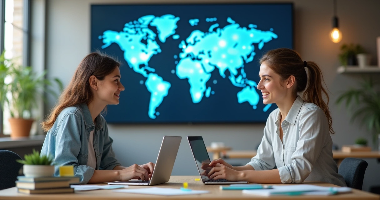 Dois jovens discutindo ética digital em um ambiente moderno 