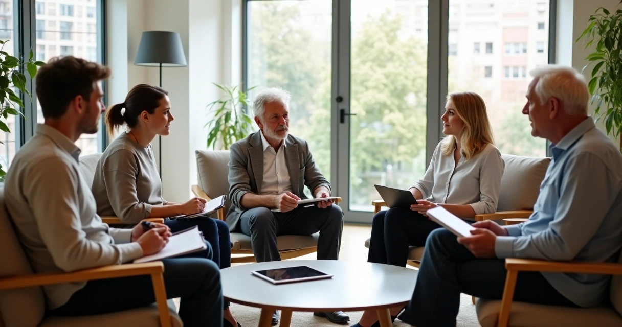 Grupo de diferentes gerações conversando em círculo em ambiente moderno e acolhedor 