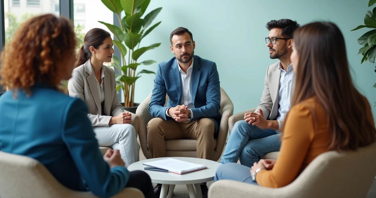 Facilitador y equipo conversando con enfoque ético en una oficina