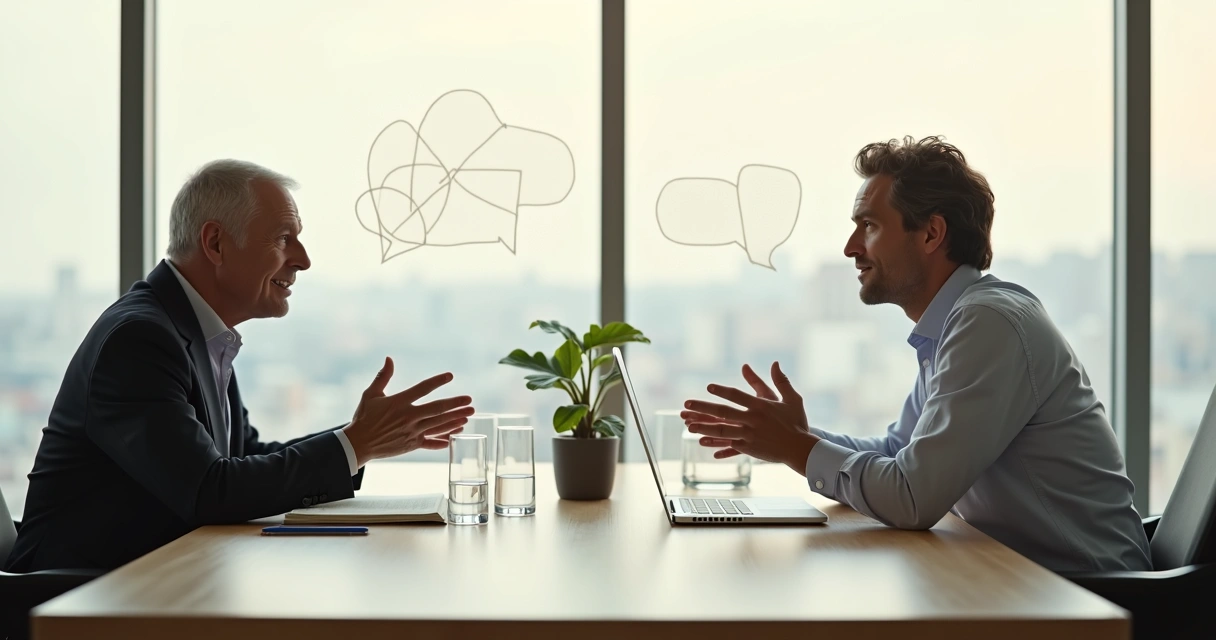 Duas pessoas em conversa profunda separadas por uma mesa com luz suave destacando escuta ativa e respeito 