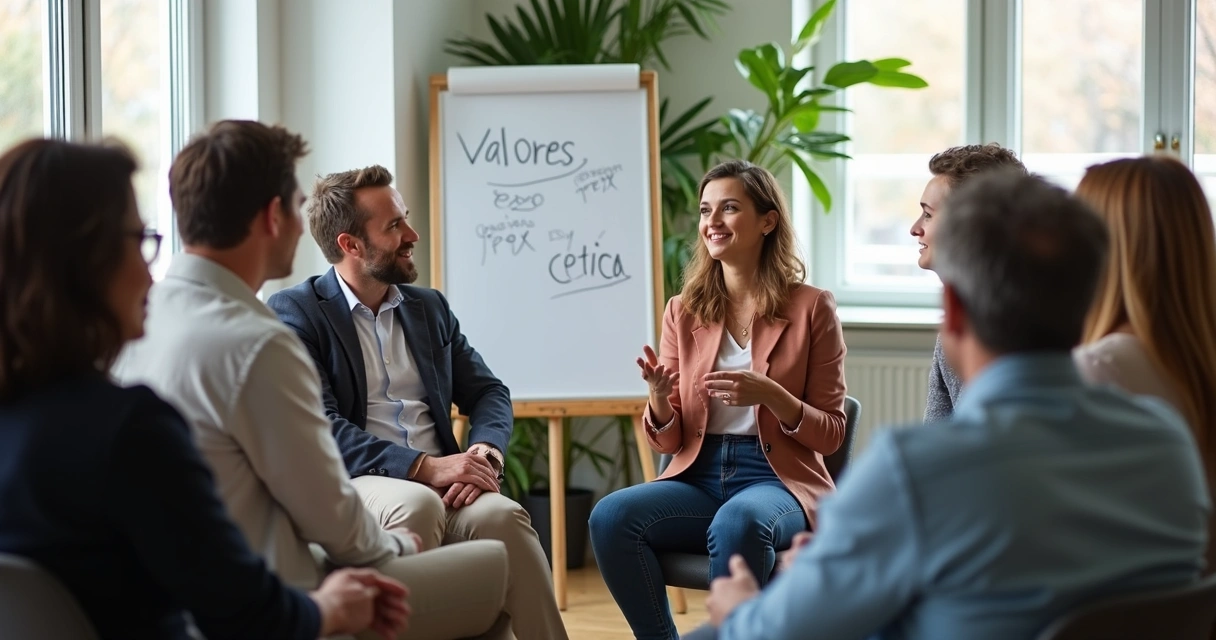 Grupo de personas en círculo dialogando sobre valores éticos 