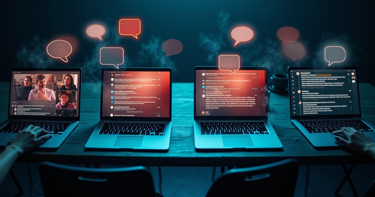 Mesa com vários notebooks mostrando conversas virtuais fragmentadas 