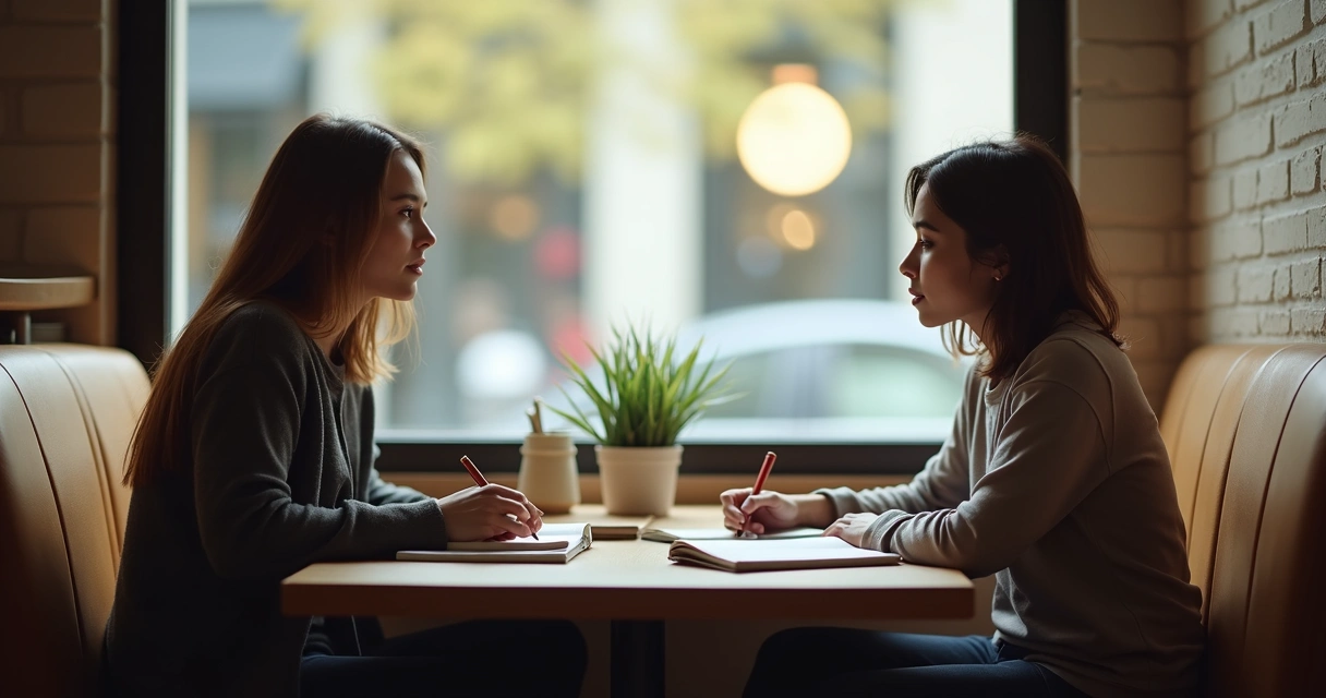 Dos personas conversando en una cafetería con libros y cuadernos en la mesa