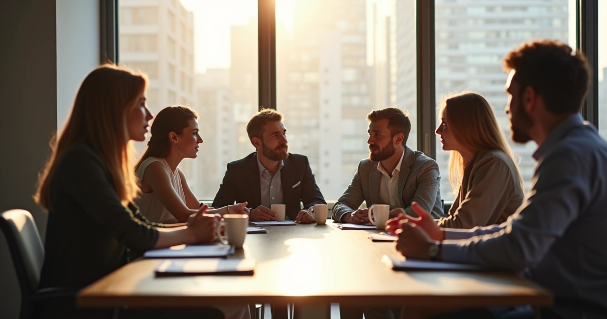 Grupo de personas sentadas alrededor de una mesa debatiendo en calma 