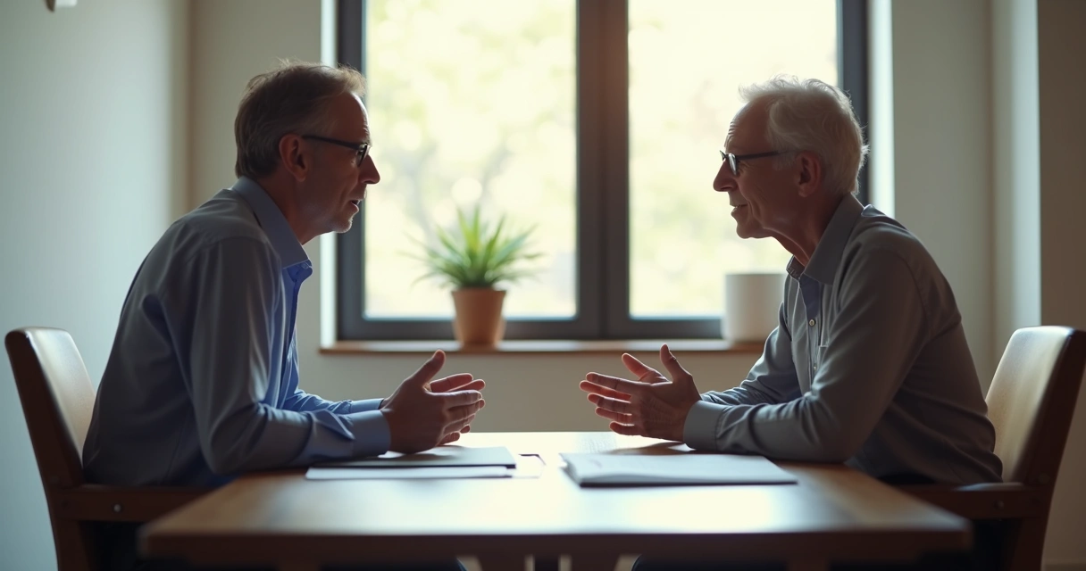 Duas pessoas conversando sentadas à mesa, em ambiente claro e acolhedor, gesticulando com as mãos, mostrando respeito mútuo. 