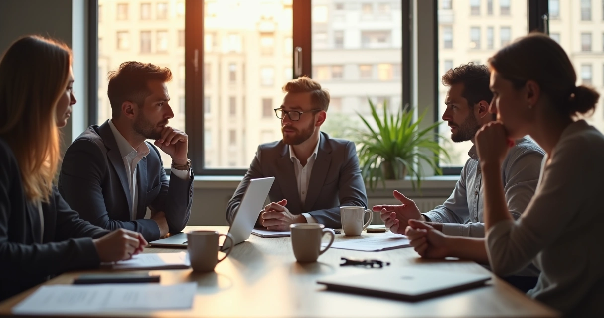 Colegas de escritório em discussão séria ao redor de uma mesa 