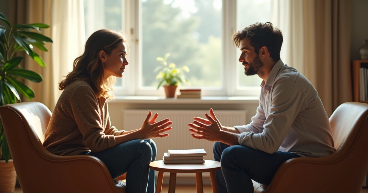 Duas pessoas sentadas frente a frente conversando tranquilamente. 