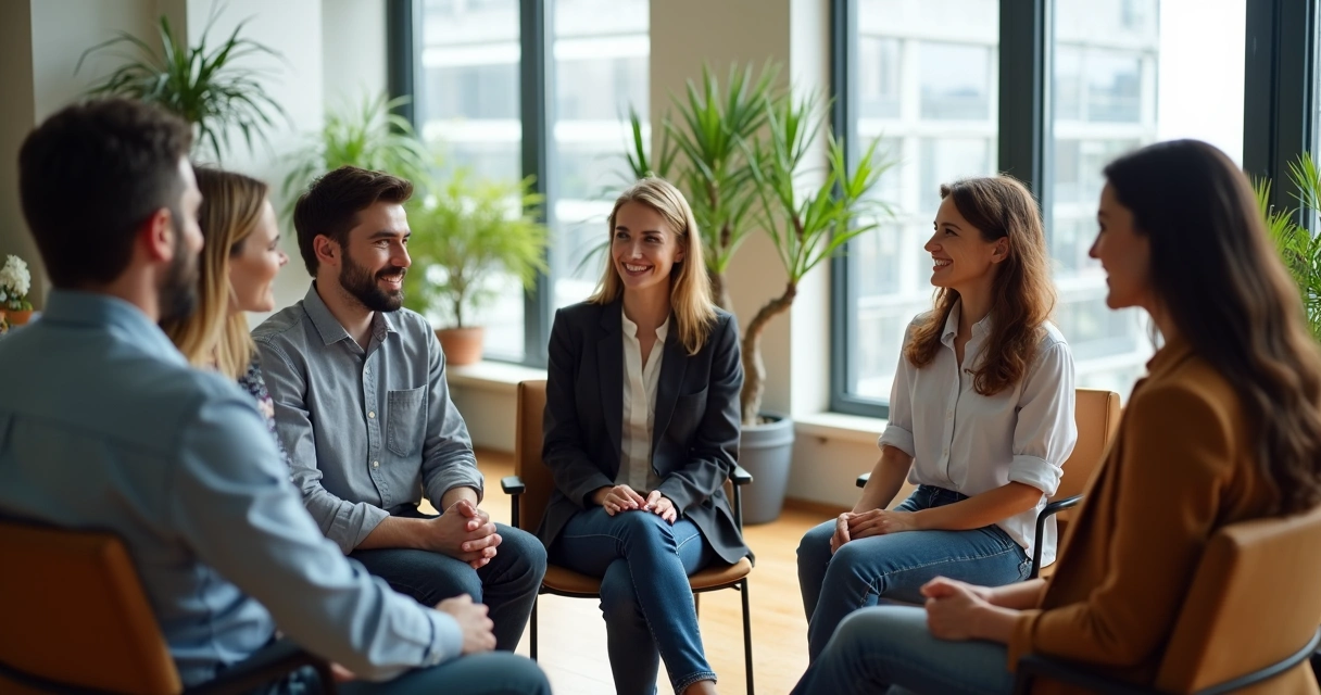 Time de trabalho conversando em círculo, clima acolhedor e aberto 